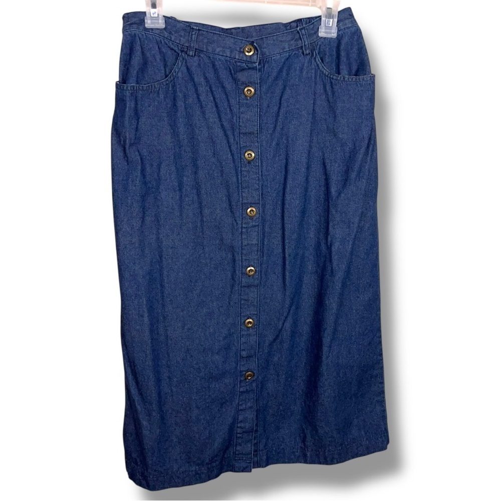 Vintage 90s Allison Daley Blue Denim Skirt Elastic Waistband Western Midi Length
